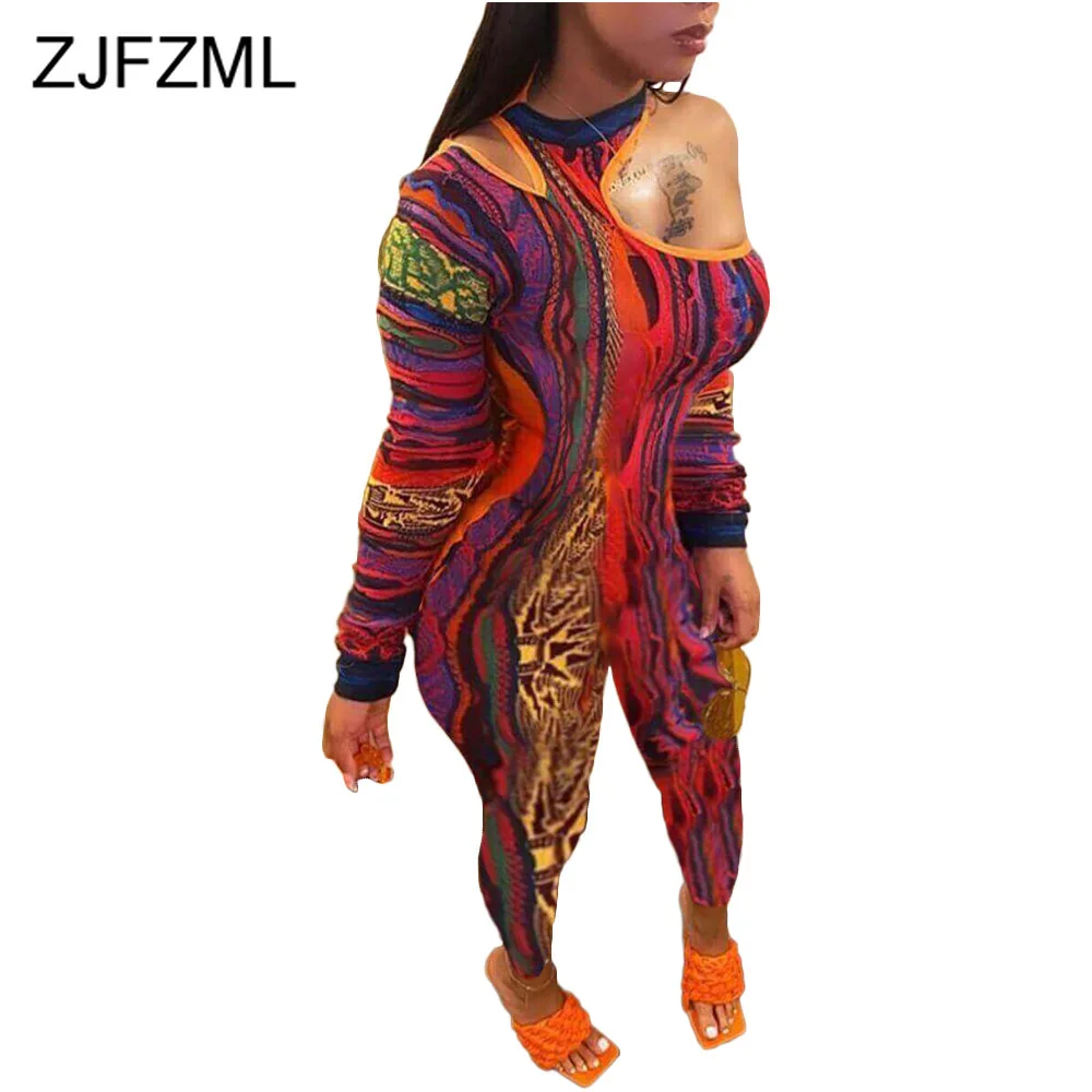 

Tie Dyeing Print Vintage Skinny Romper Women Fashion One Shoulder Long Sleeve Pencil Jumpsuit Autumn Female Party Club Overalls