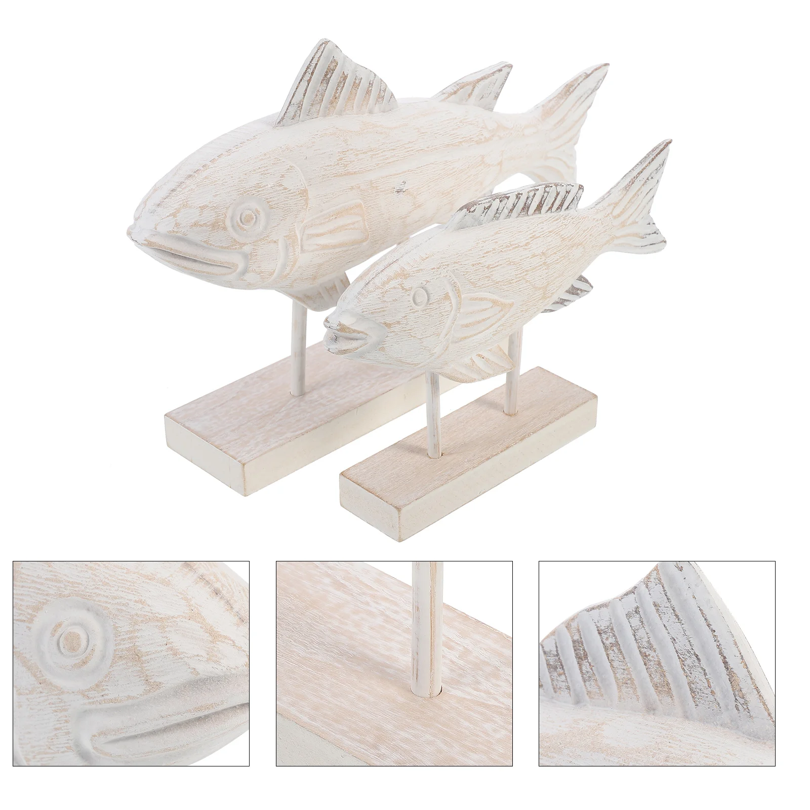 

2pcs Hand Carved Rustic Wood Fish Statue Decorative Wooden Art Collection