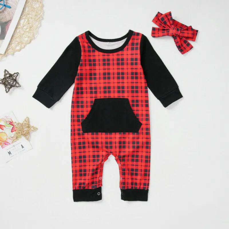 Рождественское боди для маленьких мальчиков и девочек клетчатый комбинезон с