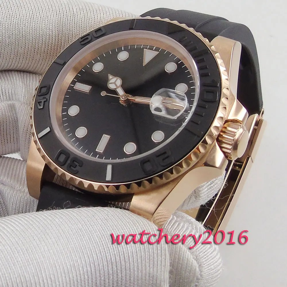 Мужские часы 40 мм черный циферблат розовое золото чехол сапфировое стекло