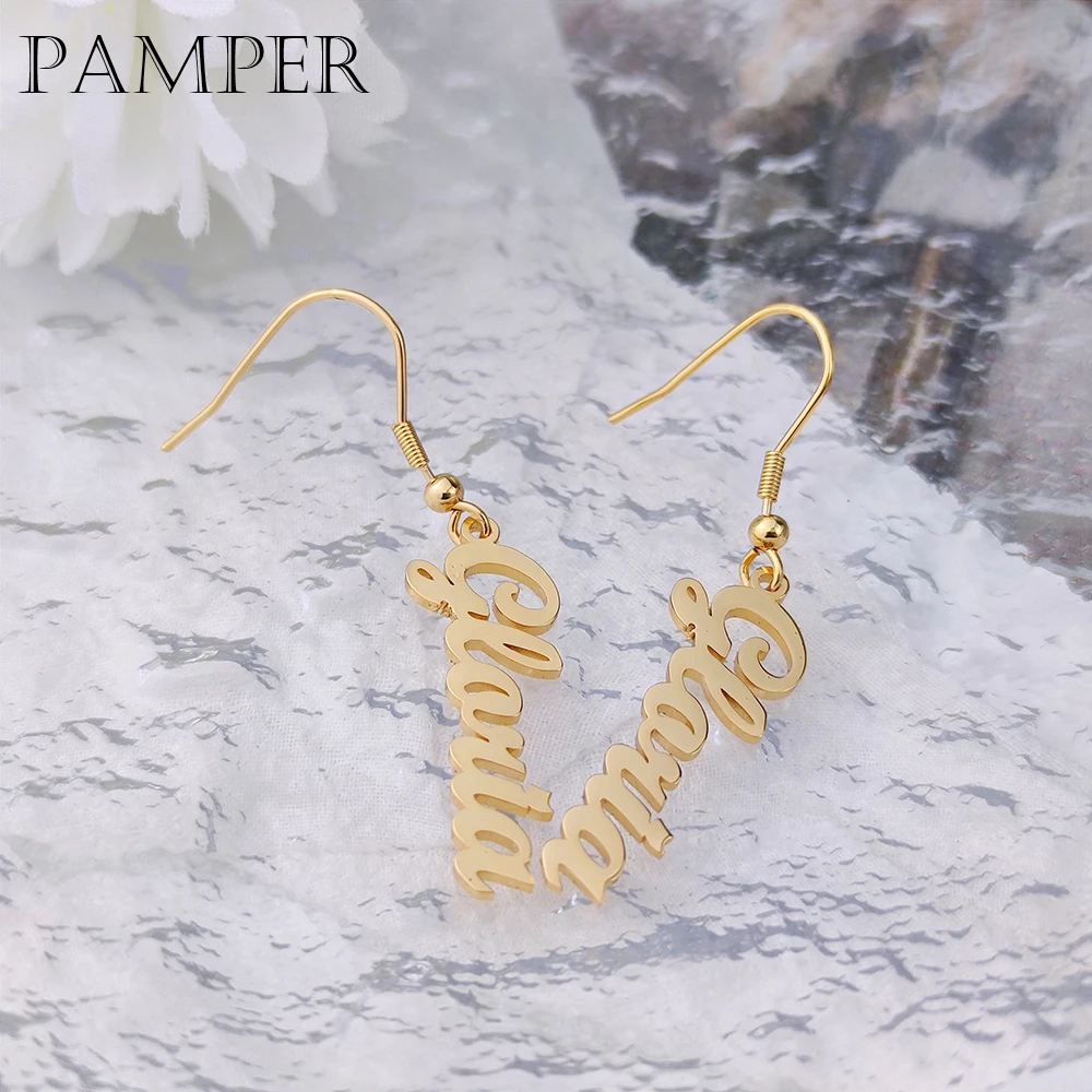 

PAMPER персонализированный крючок индивидуальное имя Подвеска парные Висячие серьги для женщин ювелирные изделия из нержавеющей стали Рождественский подарок