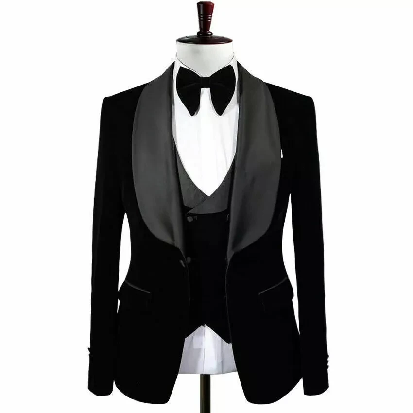 

Black Velvet Real Men's 3 Pieces Prom Costume Groom Tuxedos Wedding Formal Blazer Best Man Lapel Men Suits (Jacket+Vest+Pants)