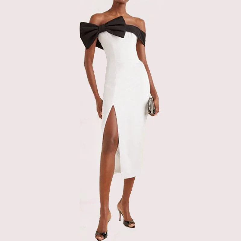 

Women Bandage Dress Strapless Black and White Stitching Bow Sexy Sleeveless Backless Elegant Evening Celebrity Party Long Dress