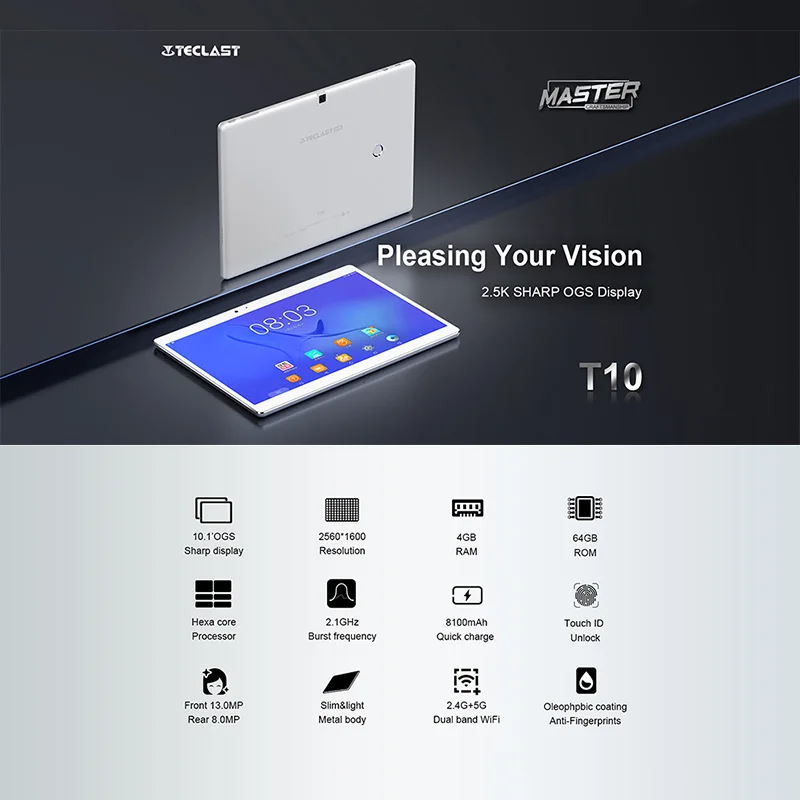 Teclast Master T10 Android 7,0 10," планшетный ПК MT8176 Hexa Core 4 Гб ОЗУ 64 Гб ПЗУ 8,0 МП+ 13,0 МП HDMI 2560*1600 отпечаток пальца ips