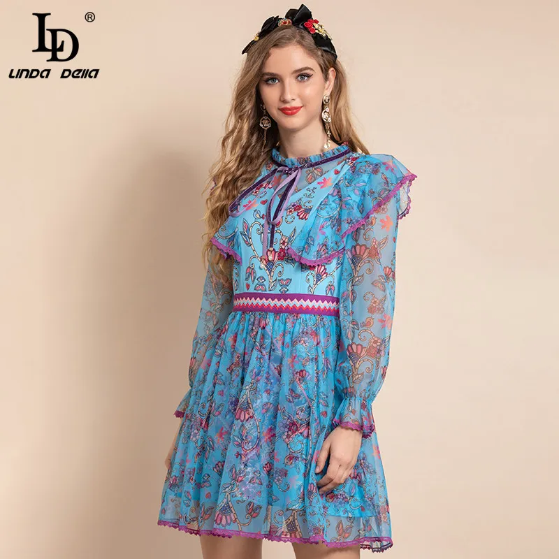 

LD LINDA DELLA New 2021 Fashion Runway Summer Blue Mini Dress Women Long sleeve Mesh Patchwork Ruffles Floral print Short Dress