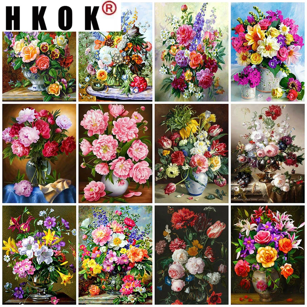 

HKOK 5D Diamond Painting Colorful Flowers Full Square Drill New Arrival Mosaic Embroidery Vase Painting Rhinestone Home Decor