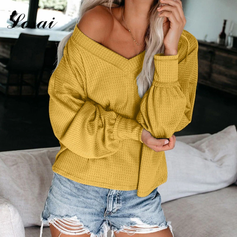 Женские рубашки топы 2019 с длинным рукавом одноцветные сексуальные v образным