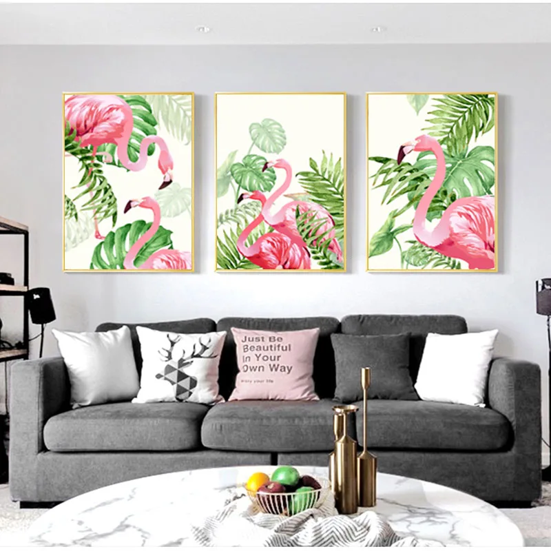 Картина для детской комнаты с изображением зеленых растений и фламинго | Дом сад