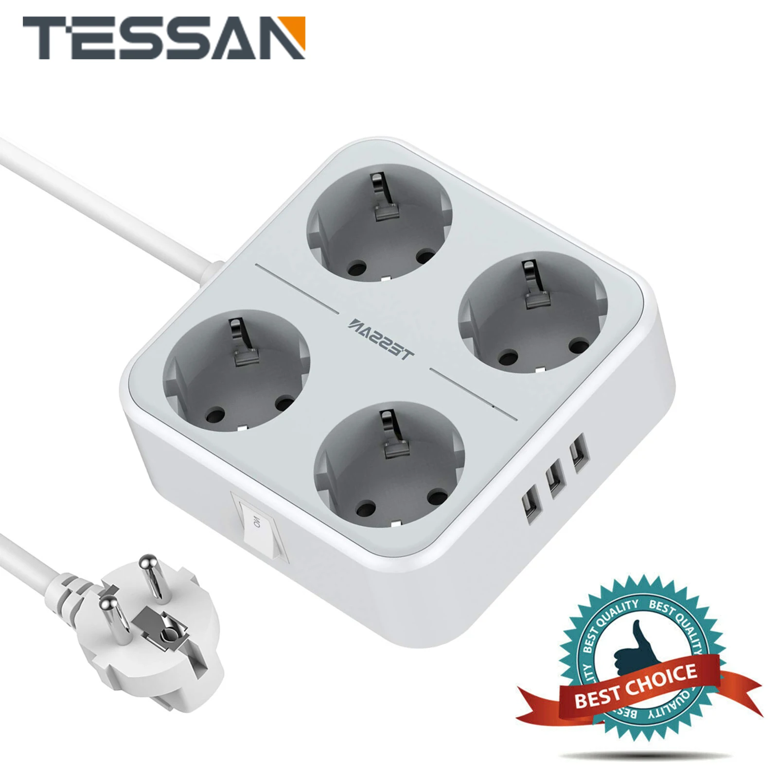 

TESSAN 4-Way Socket Power Strip with Overvoltage Protection, 3600W 16A Multiple Socket with 3 USB Ports, 2M Extension Cable