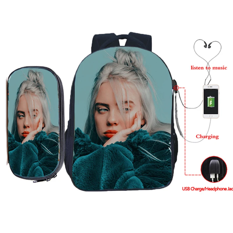 Billie Eilish рюкзак для зарядки через usb 2 шт./компл. школьная сумка для подростков мальчиков и девочек рюкзак для ноутбука пенал Дорожная сумка на плечо