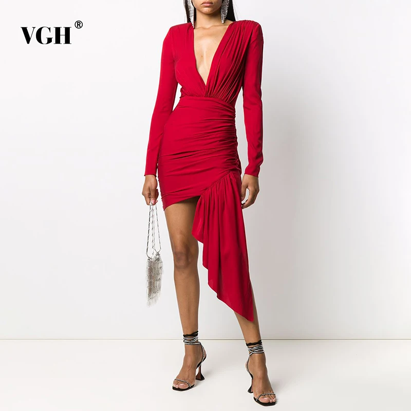 

VGH Sexy Red Crinkle Slim Asymmetrical Bodycon Dress V Neck Long Sleeve High Waist Slim Midi Dresses For Women 2021 Summer Style