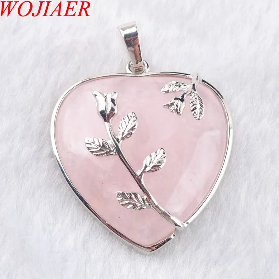 Rose Quartz Натуральные драгоценные камни, бусины, сердце, посеребренный цветок, целительная Рейки Чакра, ожерелья с подвесками, 1 шт., ювелирные изделия PBN316 - Окраска металла: Rose Quartz
