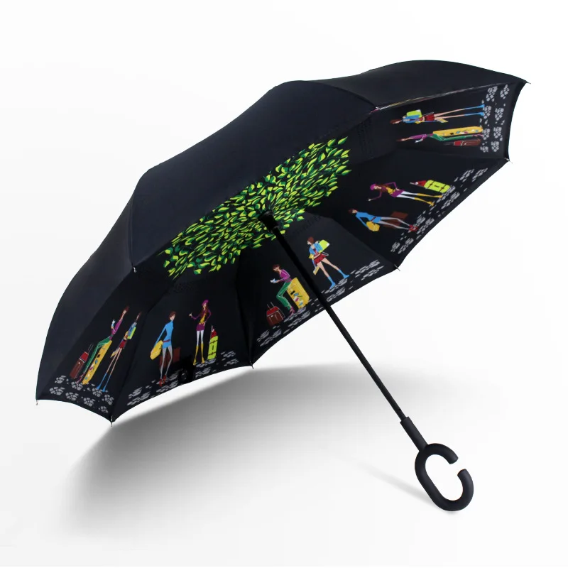 Ветрозащитный складной двухслойный женский зонт от дождя с ручкой C перевернутый