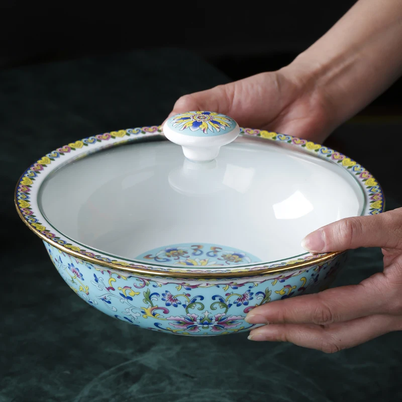 9-inch Jingdezhen enamel ceramic soup bowl with cover high temperature white porcelain Chinese household soup bowl