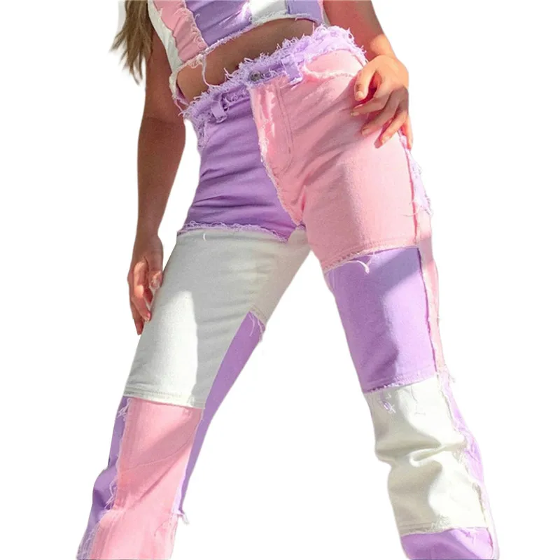 2021 новые модные Осенние Синие/розовые джинсы в стиле пэчворк женские прямые с