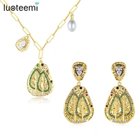 luoteemi gold color avocado necklace earring jewelry sets for women fruit shape accessories clear cz with white pearl parures