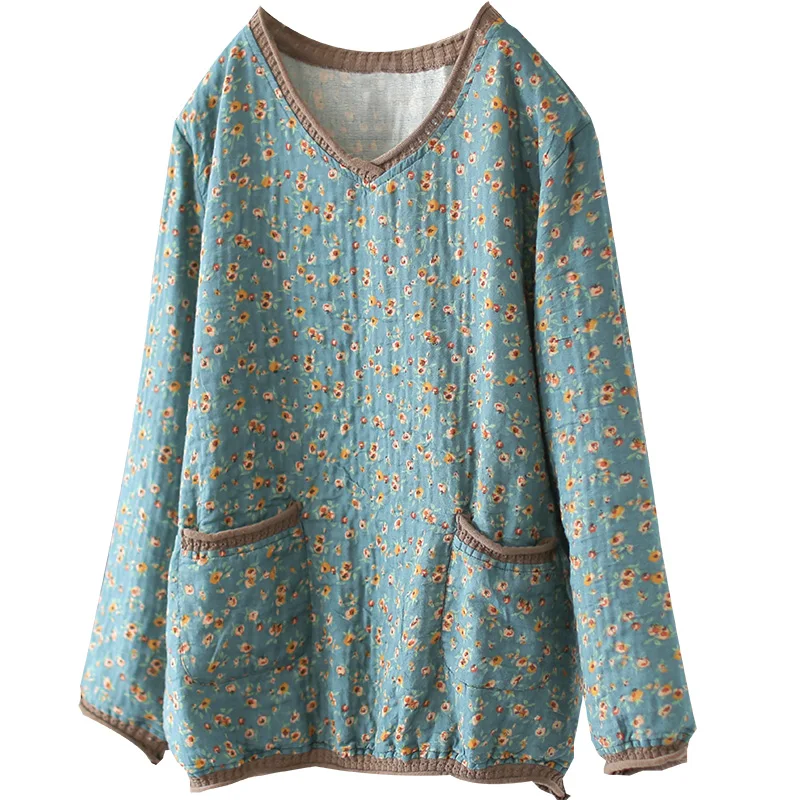 Винтажная футболка из хлопка и льна с цветочным принтом повседневная женская