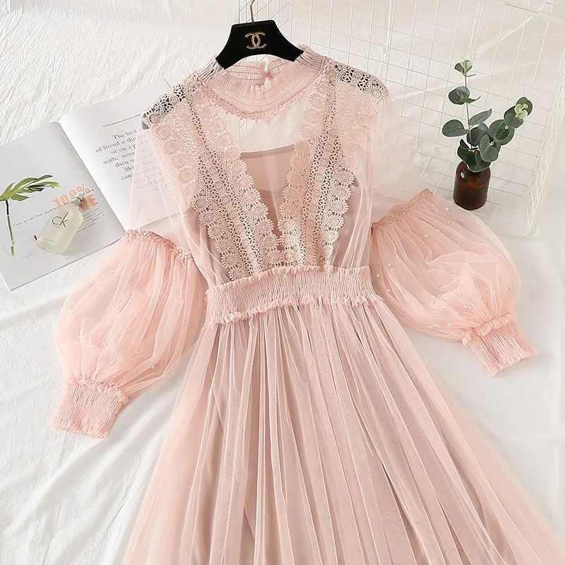 

Autumn New Lace Mesh Dresses 2021 Fashion Long Lantern Sleeve 3D Flower Gauze Beading Elastic Waist Casual Floral Dress