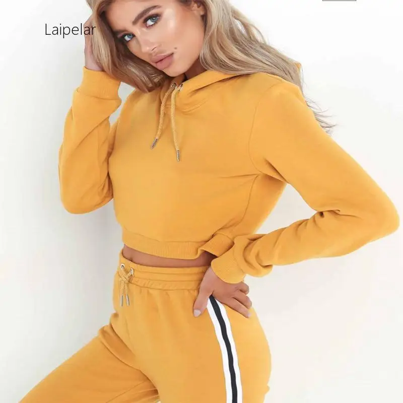 

European And American Women's Hooded Open Navel Bodysuit Fashion Leisure Long Sleeve Women's Two Piece Comfortable Sportswear
