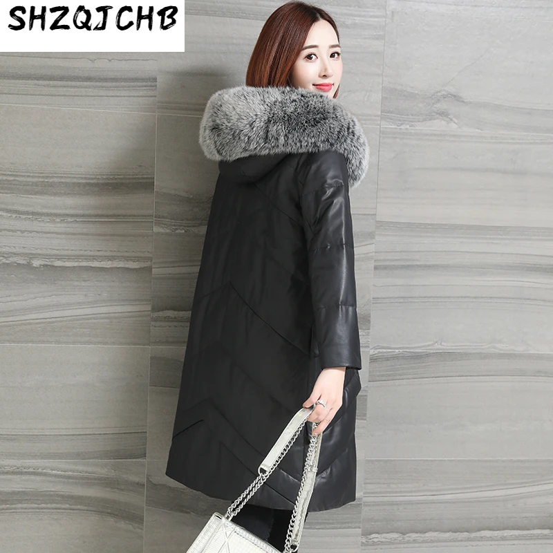 

Женский кожаный пуховик SHZQ, пальто средней и длины с меховым воротником из лисьего меха, облегающее толстое пальто для осени и зимы