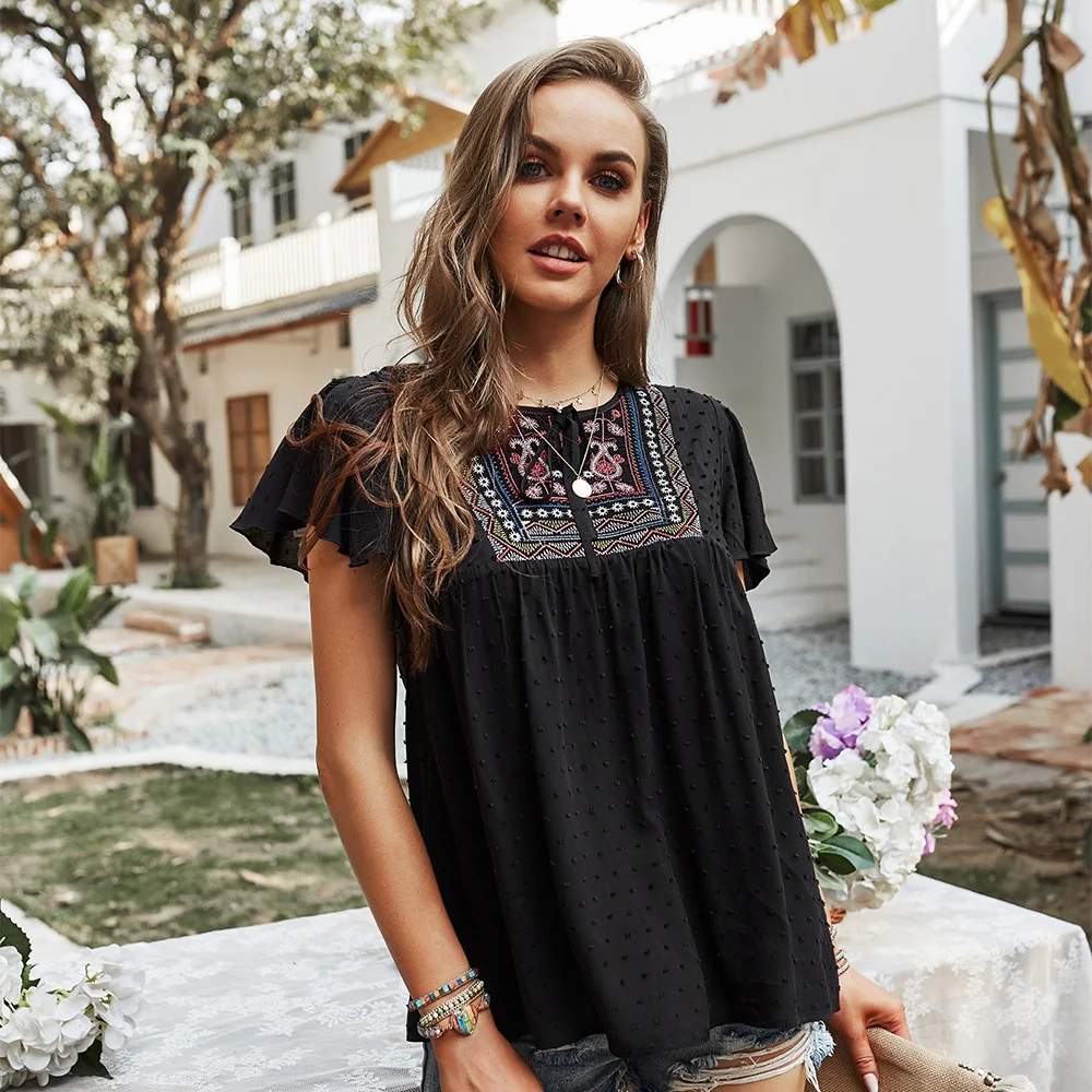 Женская модная черная футболка с вышивкой Свободный Топ Повседневная шифоновая