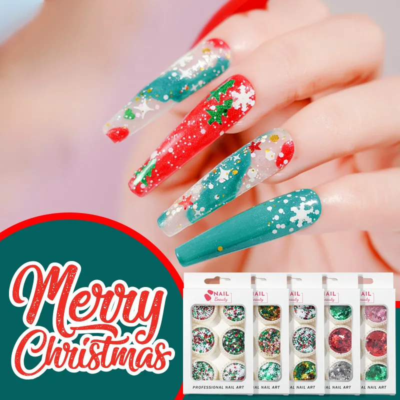

61 г/пакет Mix Рождественская Снежинка, Рождественская елка, Звездные огни, блестки для ногтей, искусство для ногтей, украшение 6 цветов