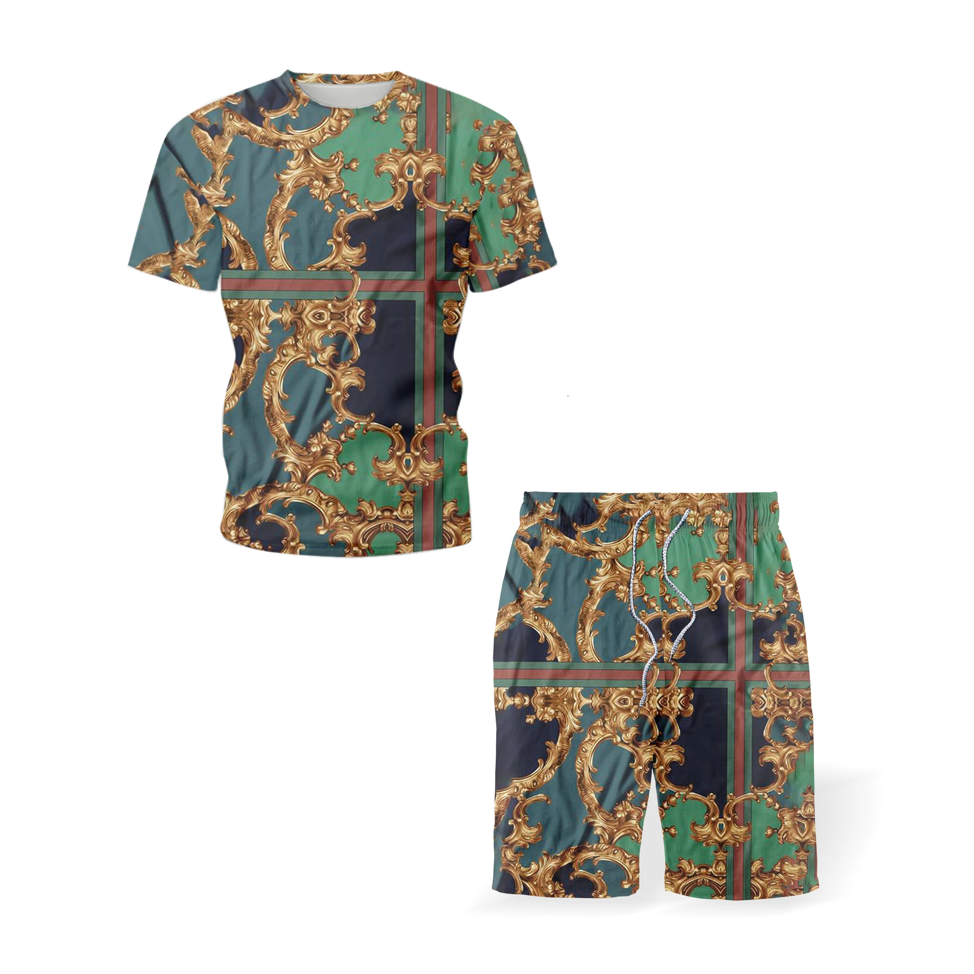 

2021 summer 3D printed men's sports suit street clothing round neck short sleeve ethnic style personality men's clothing