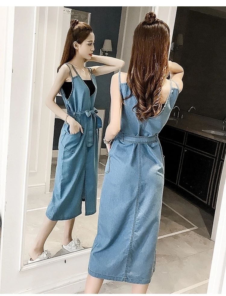

2021 Summer Women Dresses Fairy Clothing Halter V-Neck Denim Dress Blue Casual