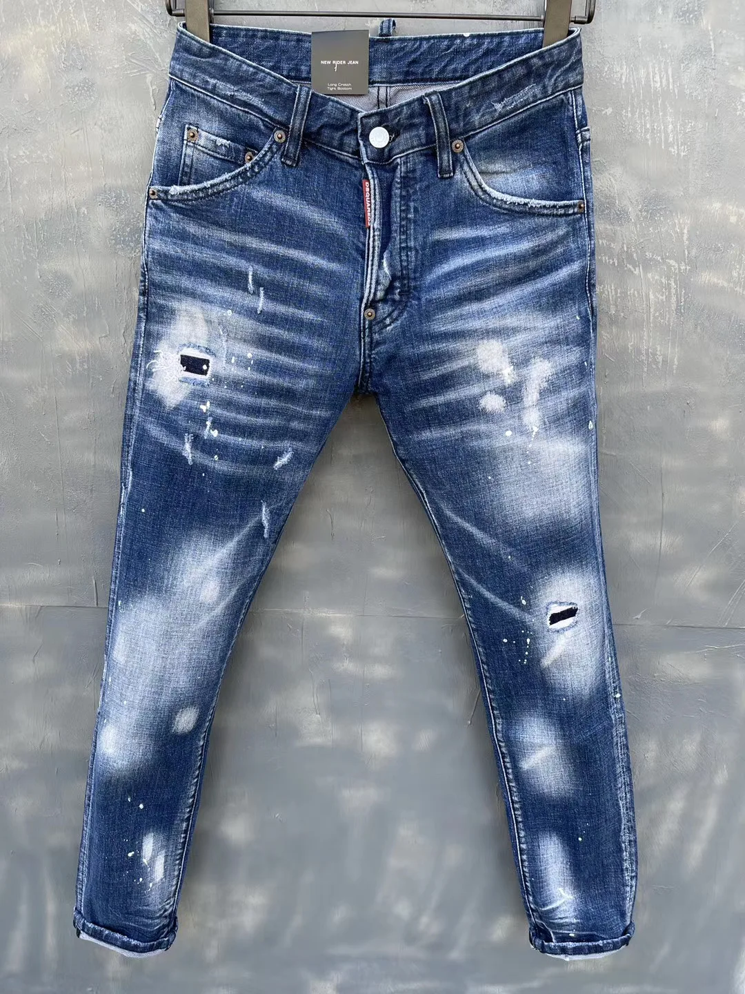 

Office DSQUARED2 Paint Stitching Men's Slim Stretch Jeans Light Blue Embroidered Motorcycle Pants