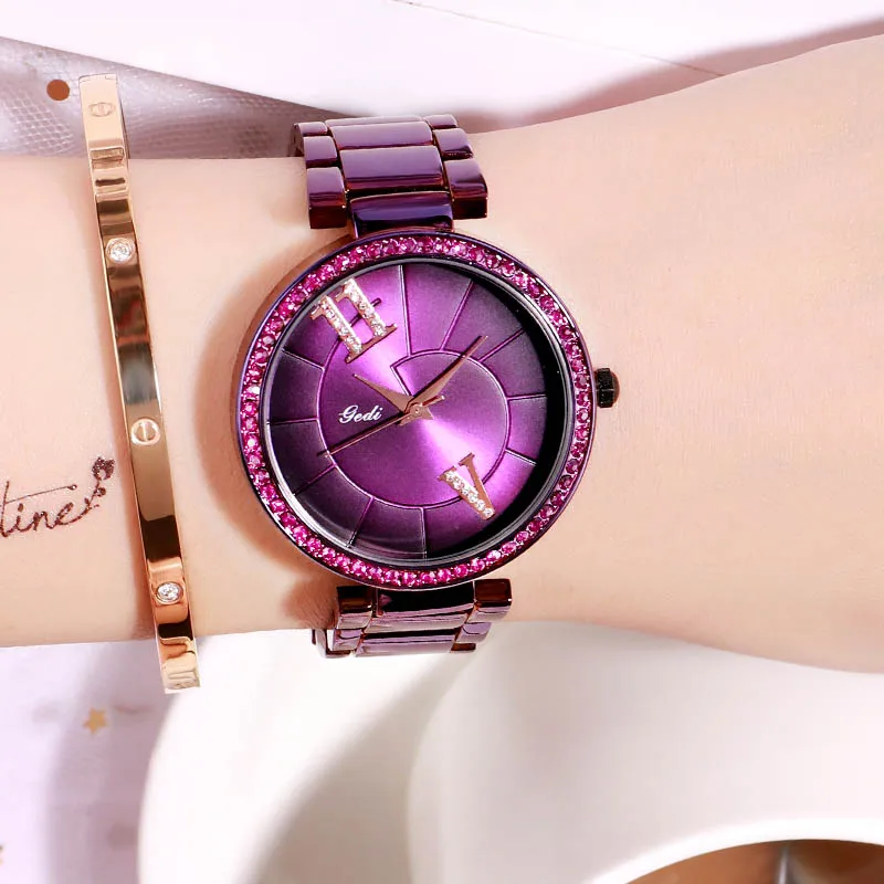 Purple GEDI модные элегантные женские часы с ремешком из сплава розового золота кварцевые наручные часы женские роскошные стразы уникальный дизайн часы с буквами - Цвет: Purple