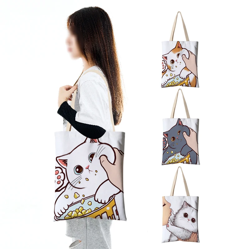 Funny Don't Kiss Me Cartoon Cat Print Women Canvas Shopping Bag School Books Shoulder Bag Tote Reusable Grocery Shopper Bags