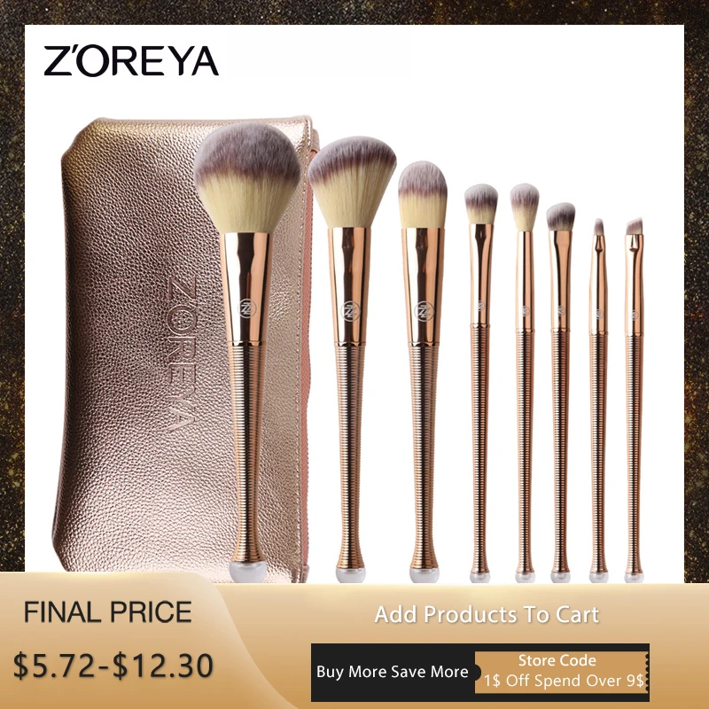 ZOREYA 8pcs Rose Gold Mermaid Makeup Brushes Powder Blending Eye Shadow Brush Set with Shiny Portable Bag