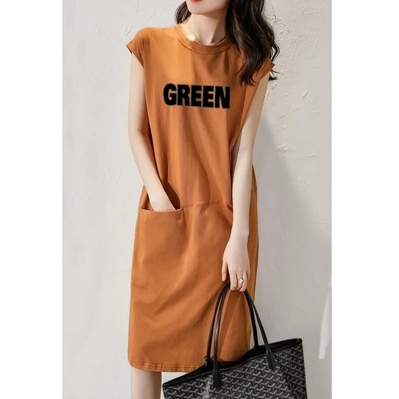

Summer Dress Women's 2021 New Fashion Loose Letter Sleeveless T-shirt Dress Medium Length Dresses Casual Tank Plus Size Dress