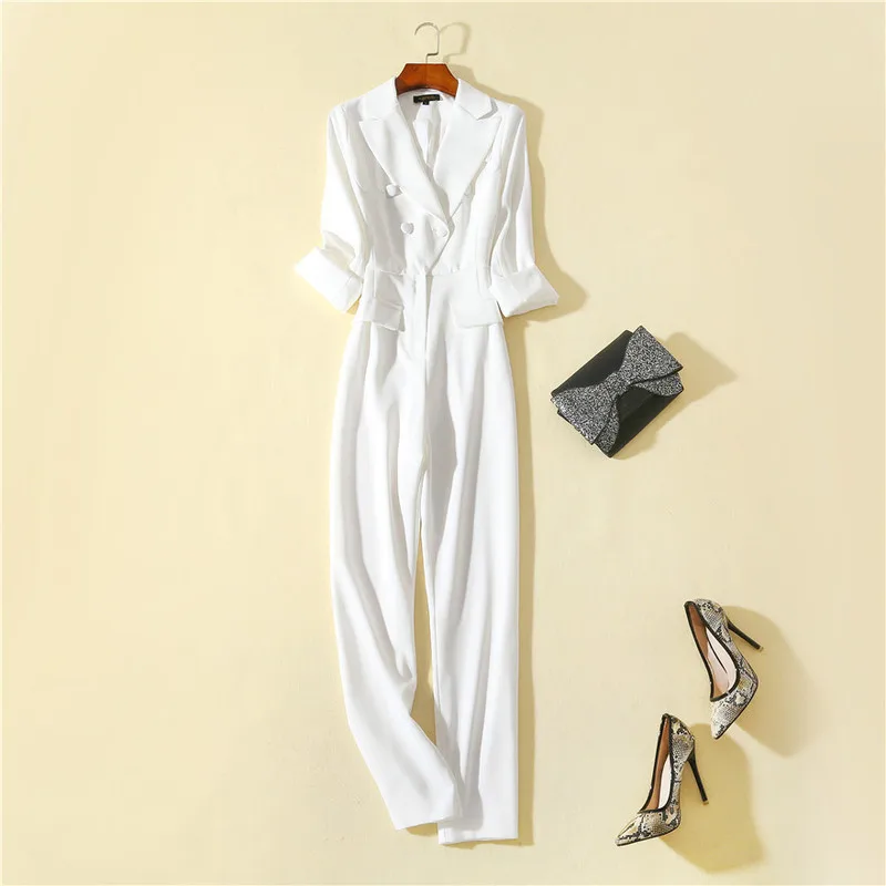 

Women fashion 2020 white blazer jumpsuit spring summer runway brand designer pure color double breasted elegance overalls office