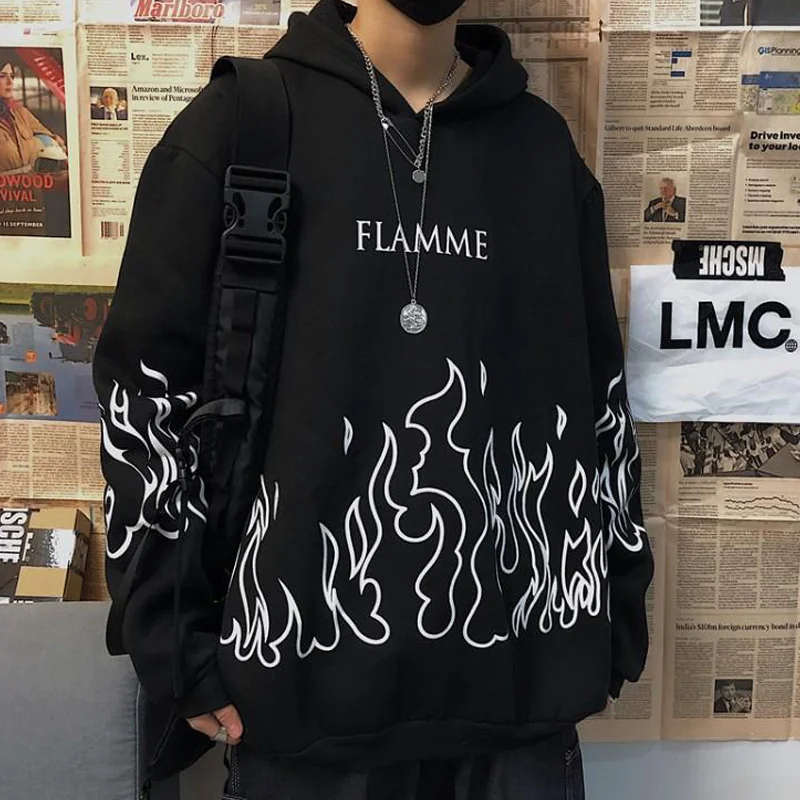

Autumn And Winter Korean Version Of Ins Harajuku Bf Street Hip-Hop Retro Flame Print Loose Hooded Plus Velvet Dweater Tide Tops