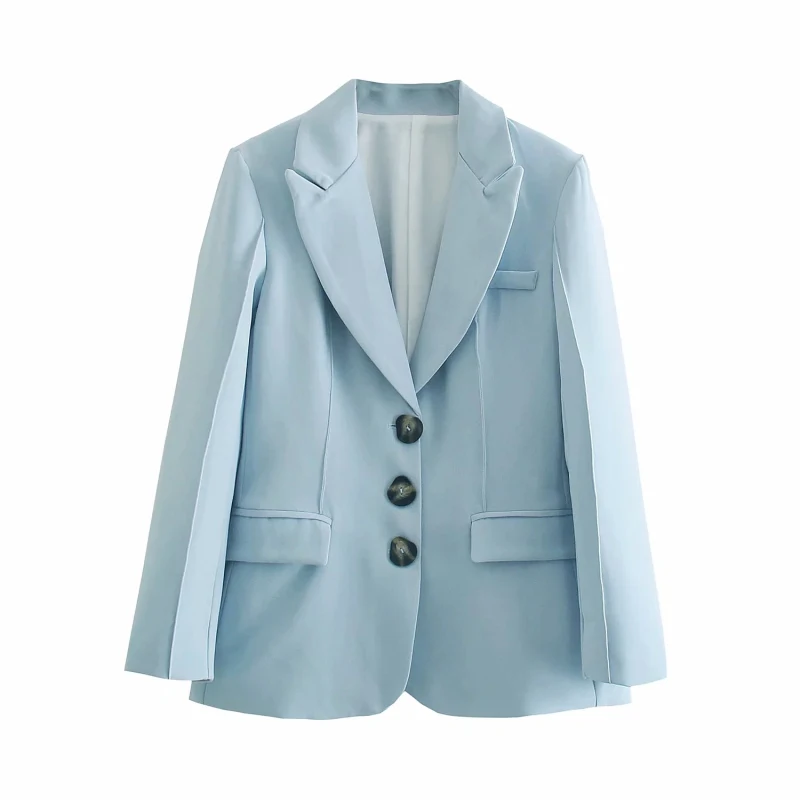 

Women Spring Autumn Vintage Solid Blue Slim Chic Office Lady Jacket Female Notched Collar Long Sleeve Casual Fashion Pocket Top