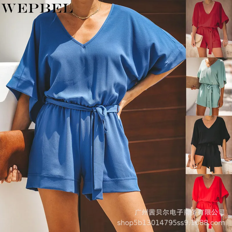 

Женский Повседневный Свободный комбинезон WEPBEL, элегантный комбинезон с коротким рукавом и V-образным вырезом, прямые шорты со шнуровкой, ко...