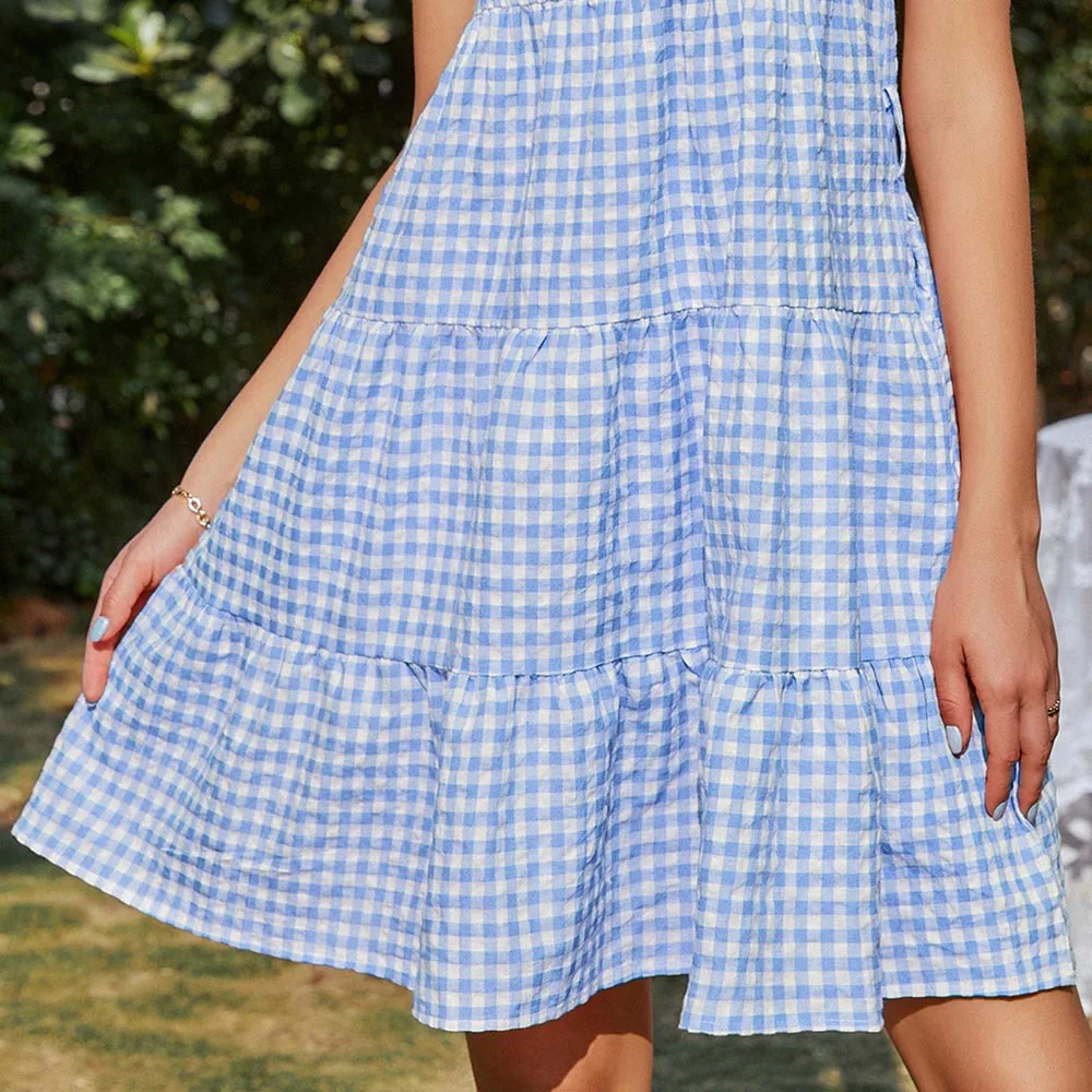 

Women Summer Mini Dress Casual Short Sleeve Plaid Patchwork Ruched Dresses Elegant Loose Waist Blue Black Pink 2021 Clothing