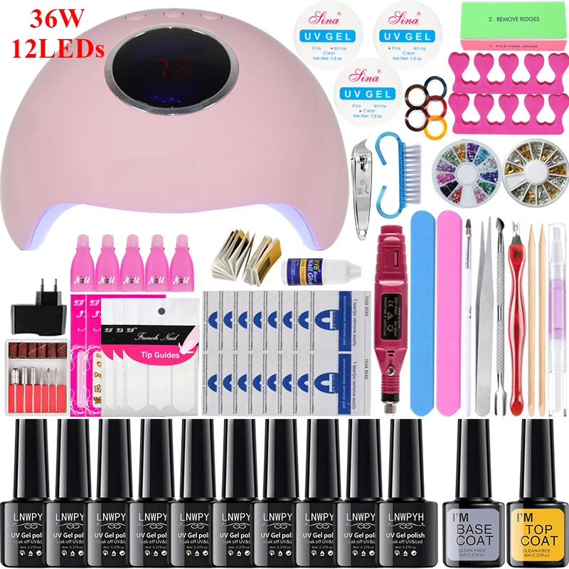 choose 10 colors 36W 16/10 pcs Nail Gel Polish Set Kit 90/80/54/36W UV LED Lamp Manicure Set Nail Art Salon ForManicure Tools WIth Nail Drill Machine - Цвет: choose 10 colors 36W