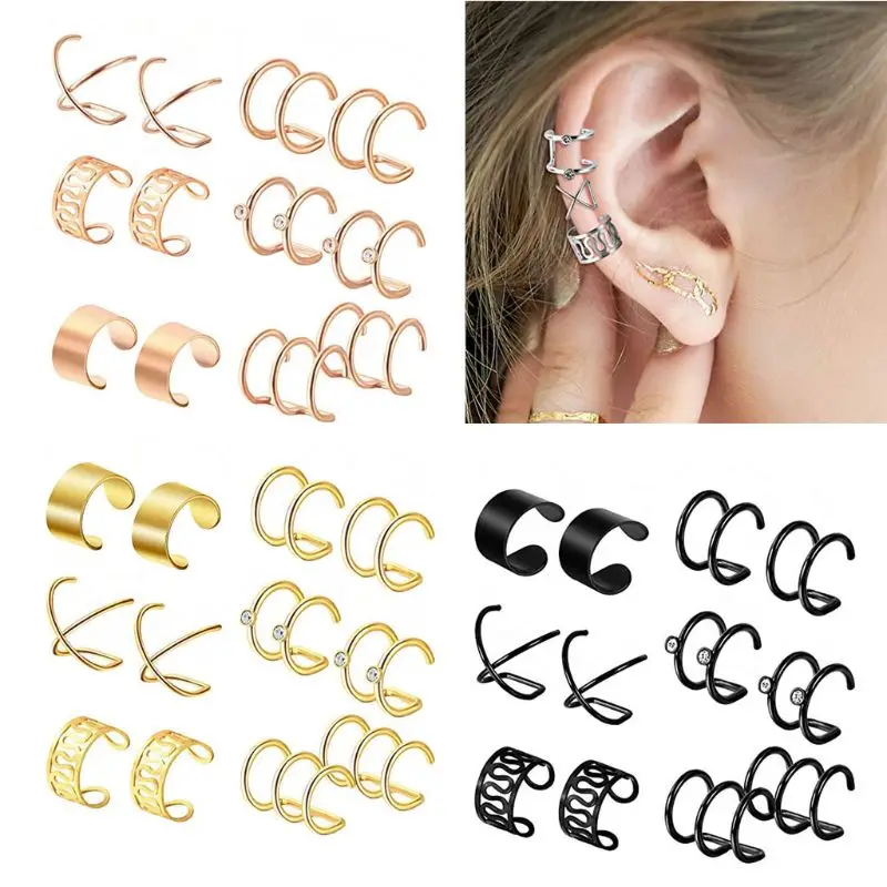 

6 Pairs Stainless Steel Ear Clips Non Piercing Earrings Hoop Ear Cuffs Ear Clips