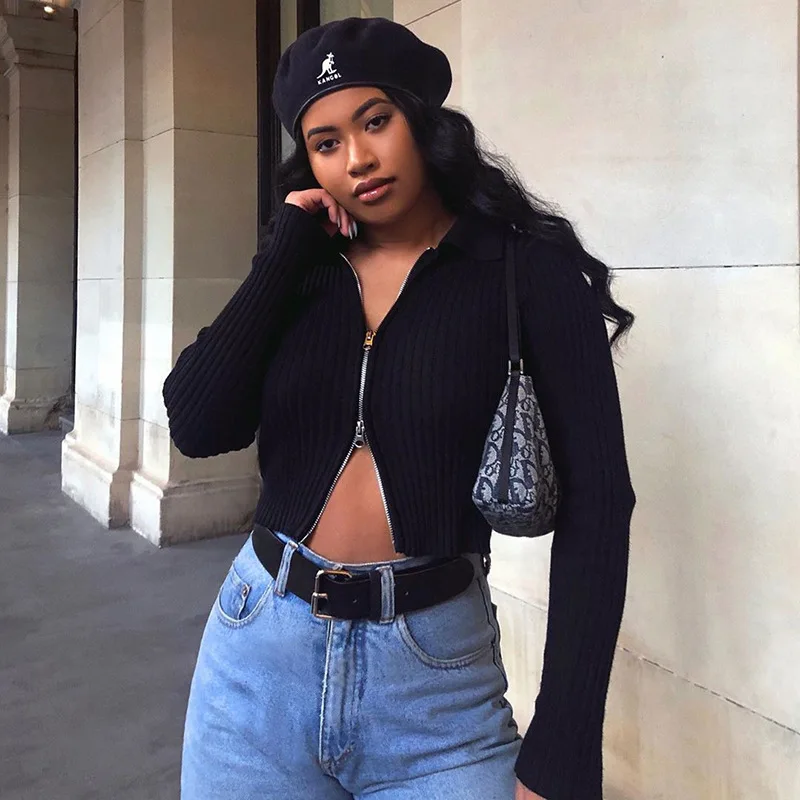 Женский черный свитер на молнии короткий вязаный кардиган с длинным рукавом и