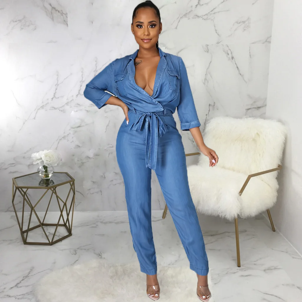 

RStylish Autumn 2021 Women Clothes Solid Color Long Sleeve Deep V Turn Down Collar Lace Up Casual Denim Jumpsuit