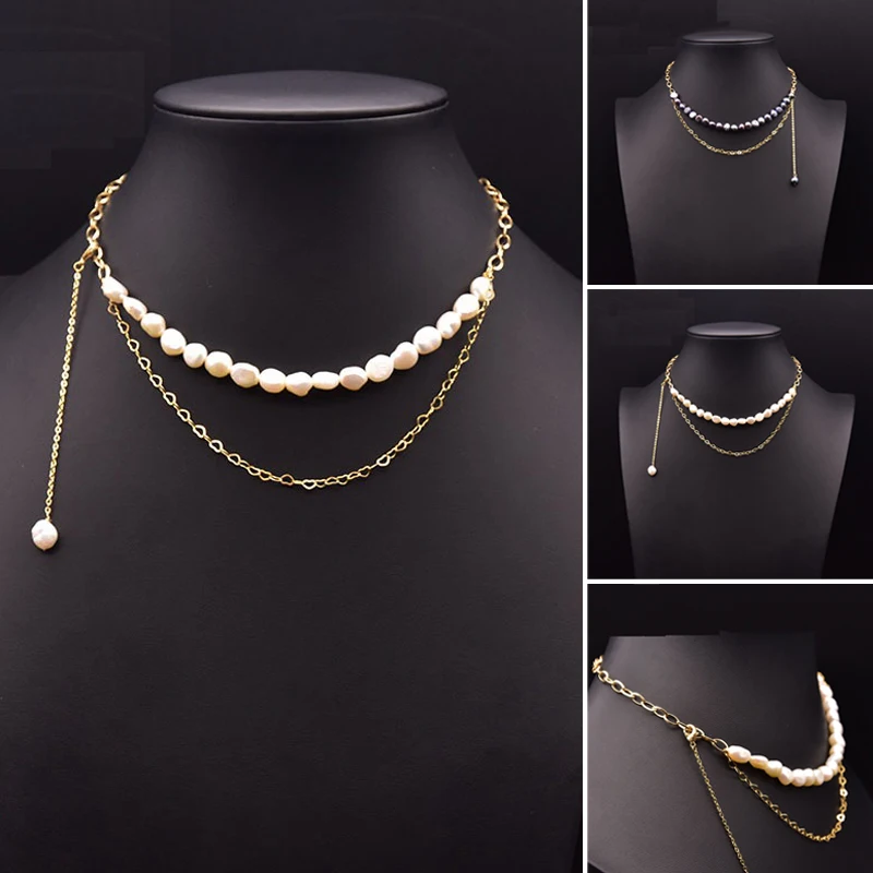 

Natural Double Layer Freshwater Baroque White Black Pearl Necklace For Women Party Original Ethnic Exquisite Jewelry Accessories