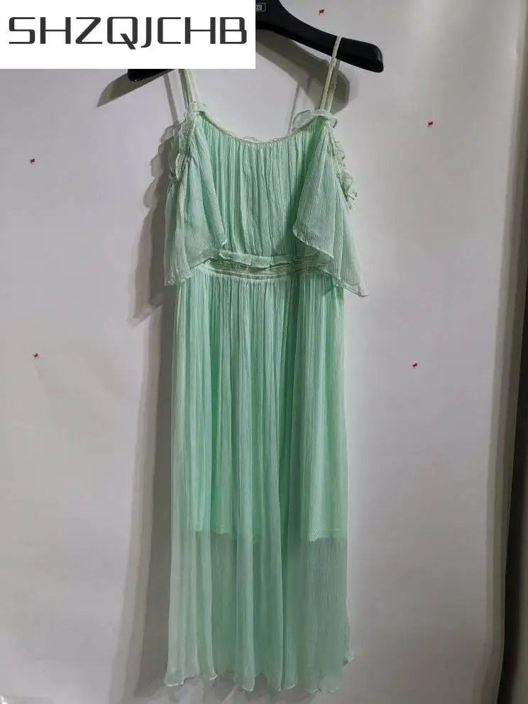

SHZQ Real Silk Dress Women Long Summer Beach Dress Off Shoulder Ruffle Boho Dresses White Party Pleated Vestidos 2021 LWL1823