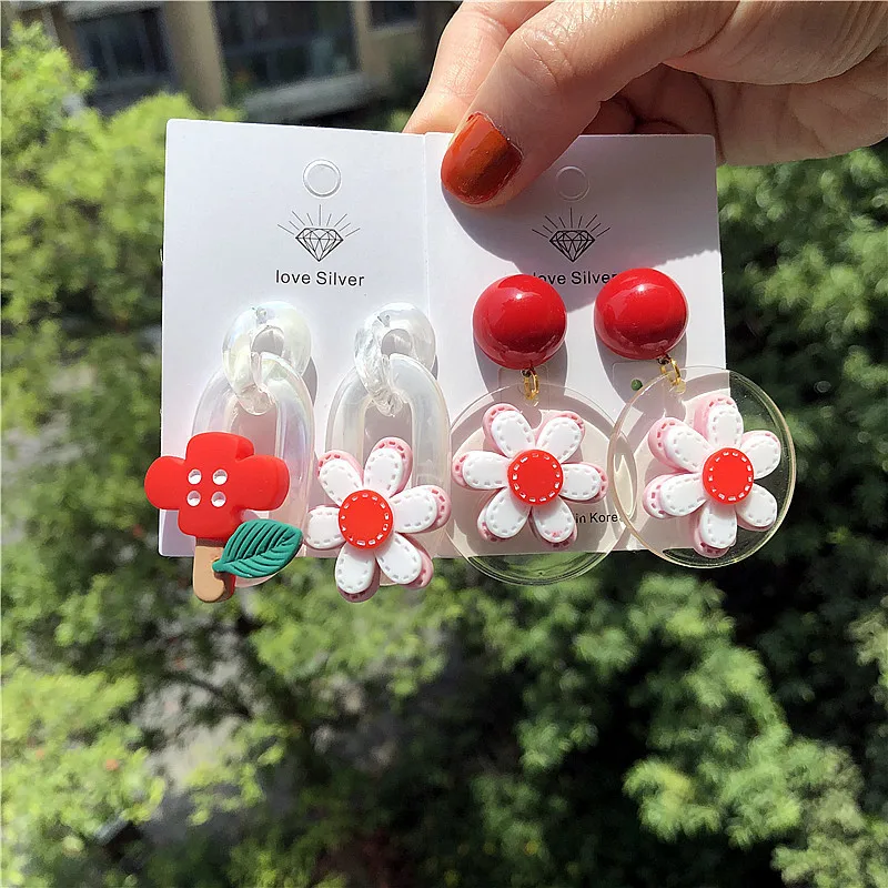

Women Fashion Earrings Acrylic Round Transparent Red Earring Set Korea Cute/Romantic Earings Fashion Jewelry 2020