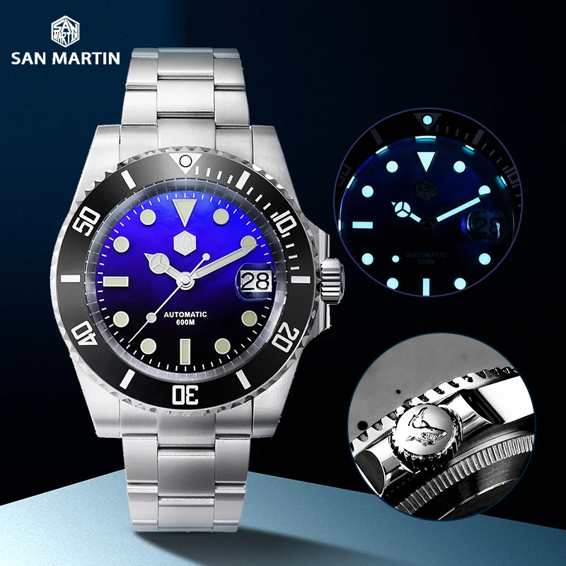 

San Martin Water Ghost Diver Watch Automatic 600M Luxury Sapphire Men Mechanical MOP Dial Ceramic Bezel Lume Date Wrist Watches