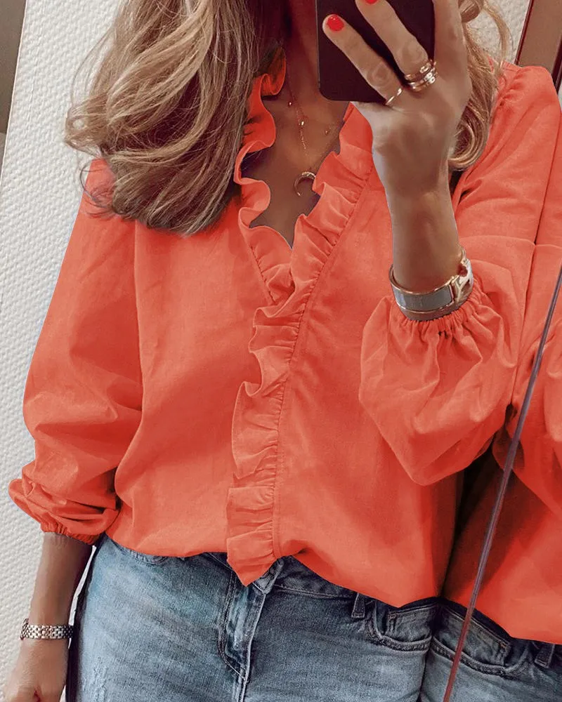 

Long Sleeve Ruffled Shirt Women Shirt European and American New 2021Spring and Summer Print Lantern Sleeve Loose Full Casual