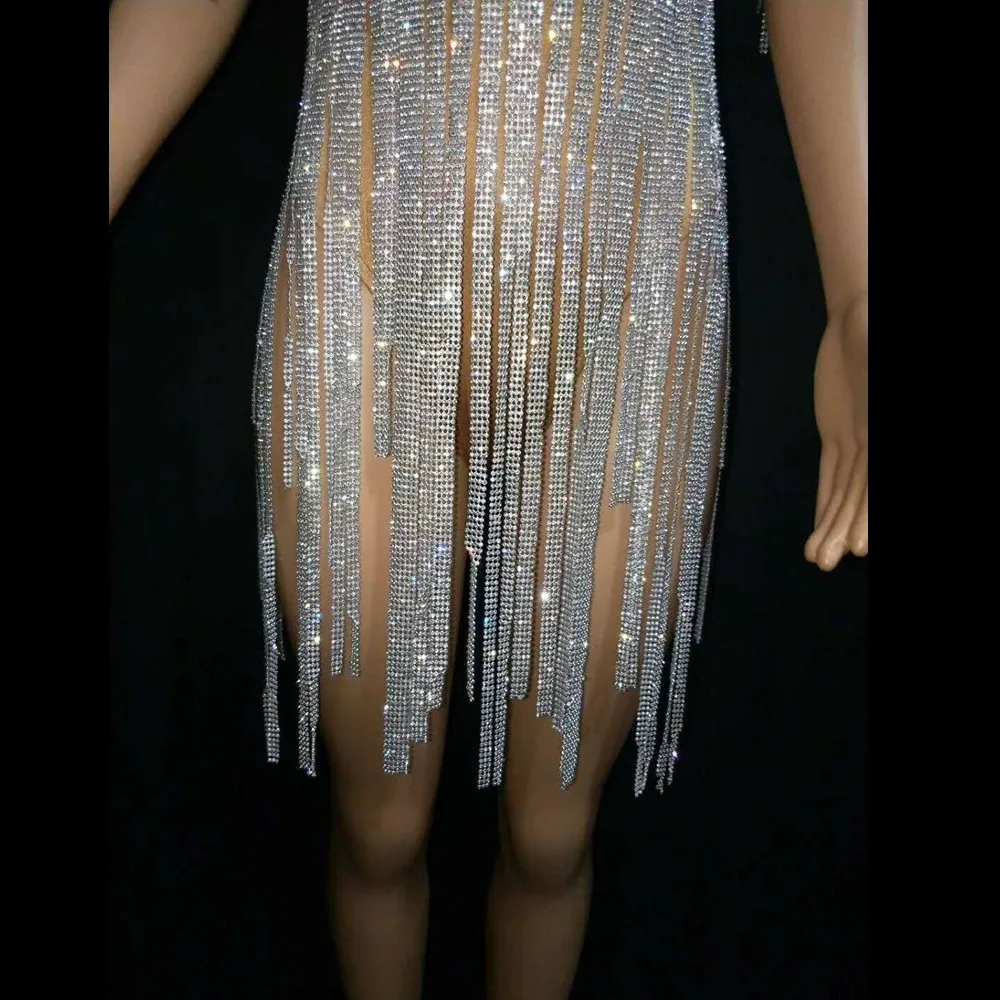

Women's Skinny Rhinestone Tassel Bodysuits Sexy Nightclub Ds Pole Dance Slim Costumes Female Stage Performance Bodycon Leotard