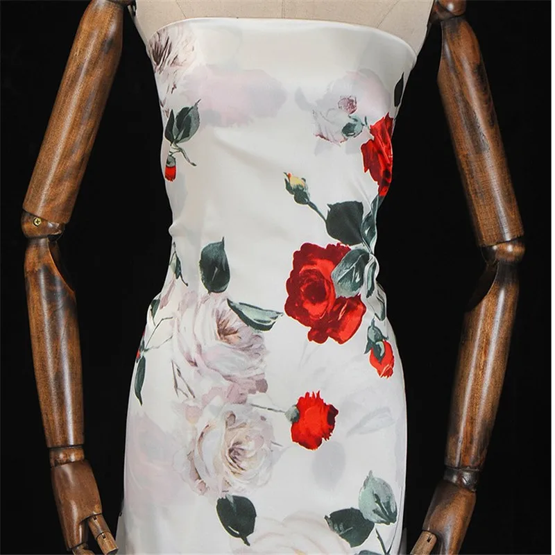 

Elegant Shiny Silk Spandex Satin Fashion Rose Printing Elastic Strench 19MM for Lady Dress Clothing