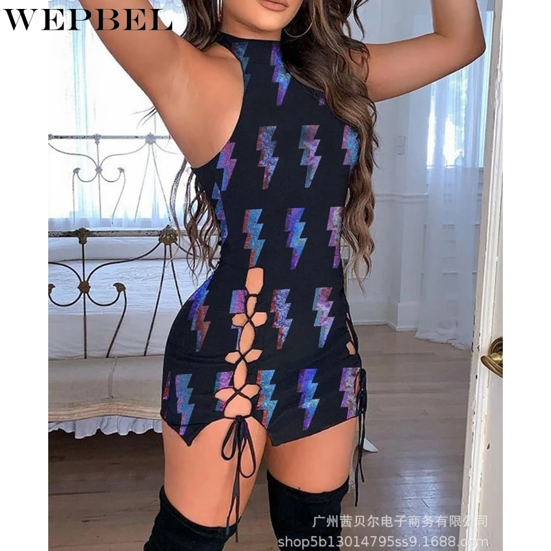 

Платье WEPBEL женское повседневное кружевное с принтом, пикантное облегающее ажурное платье без рукавов, с круглым вырезом и высокой талией, н...